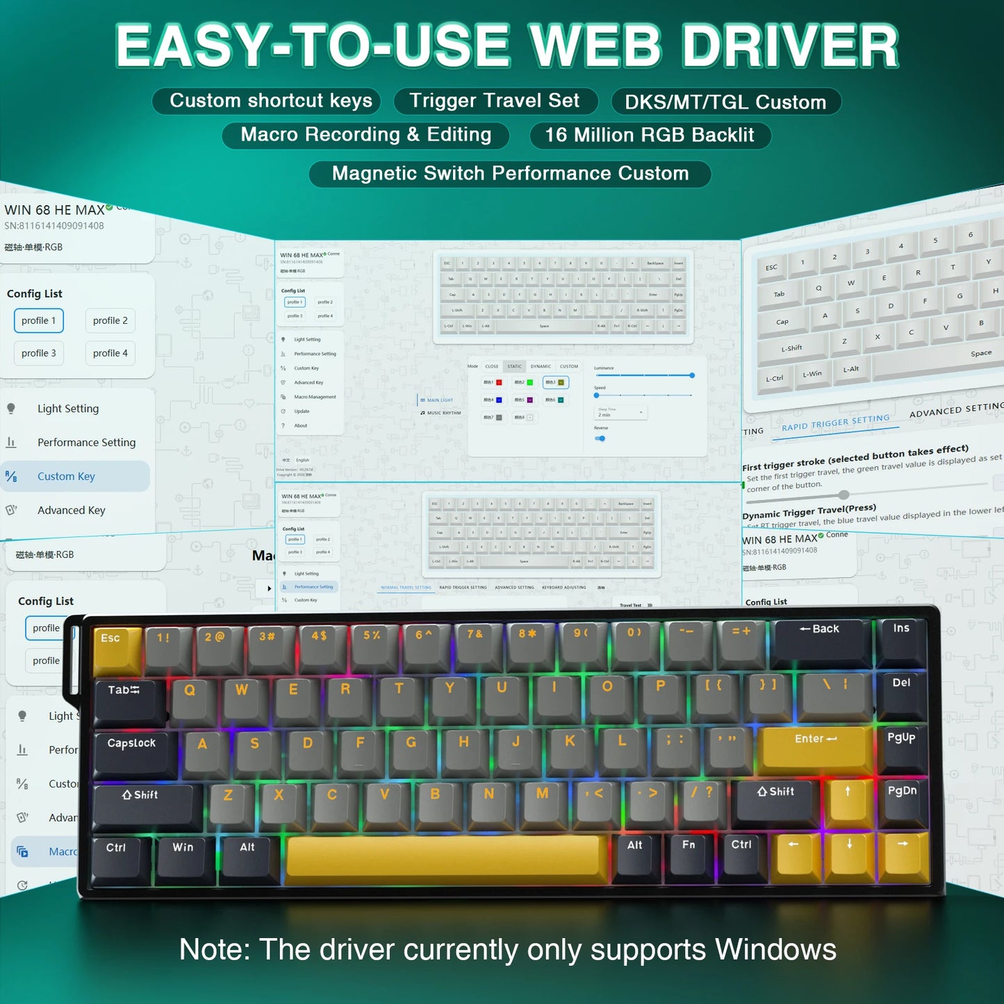 Teclado Gamer AULA WIN68HE RGB | Switch Magnético | Rapid Trigger | 8K Polling Rate