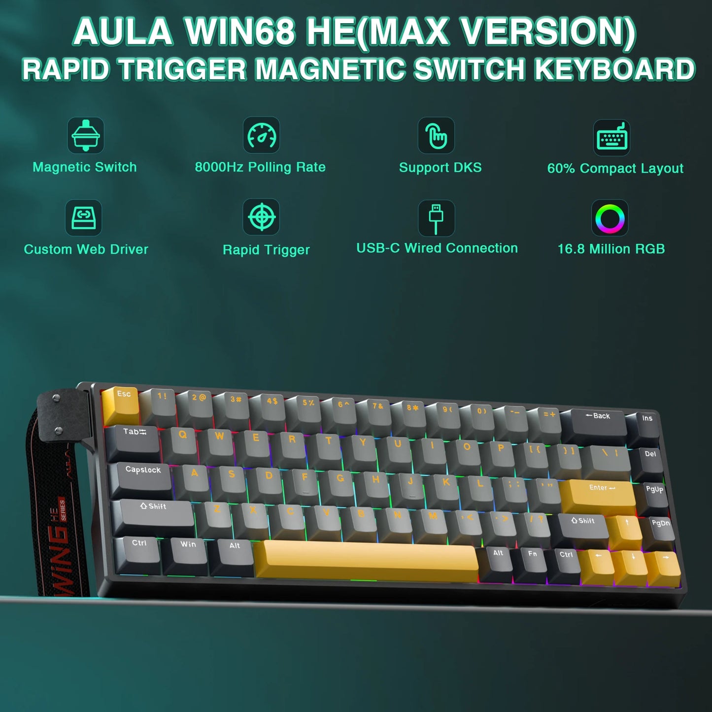Teclado Gamer AULA WIN68HE RGB | Switch Magnético | Rapid Trigger | 8K Polling Rate