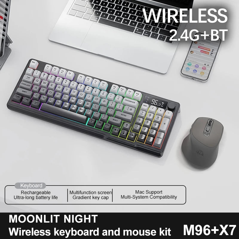 Kit Gamer FreeWolf M96 RGB | Teclado e Mouse Sem Fio Recarregáveis