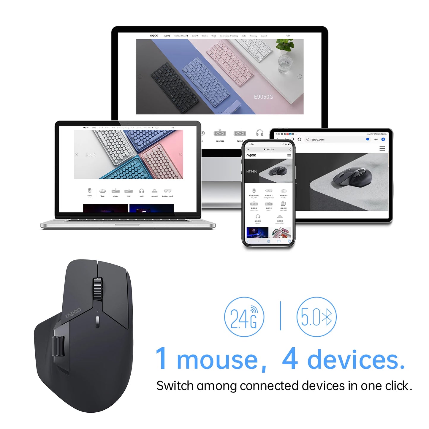 Mouse Ergonômico Rapoo MT760 Wireless Bluetooth Multi Dispositivos Recarregável