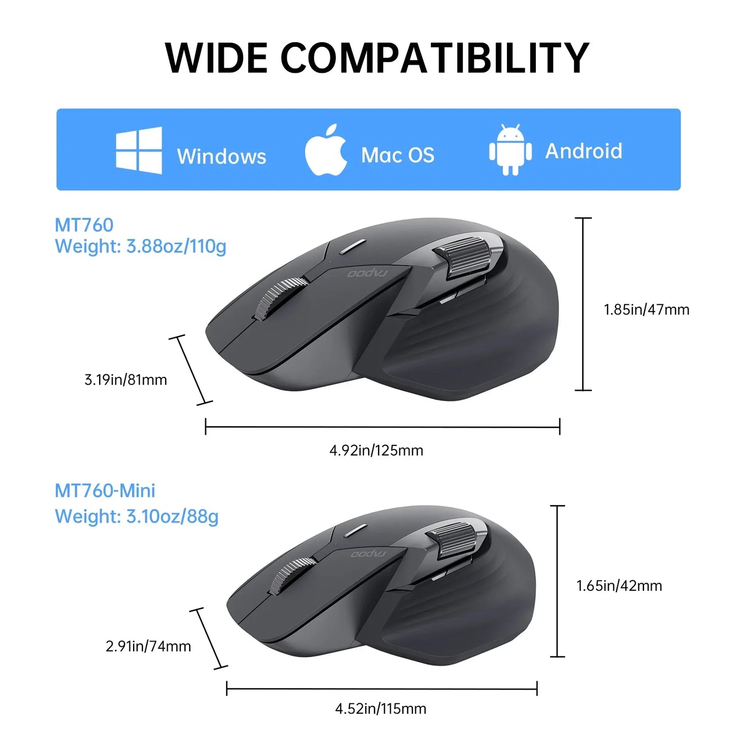 Mouse Ergonômico Rapoo MT760 Wireless Bluetooth Multi Dispositivos Recarregável